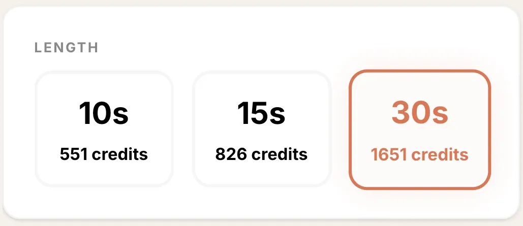 Shhots AI length selector showing 10 seconds at 551 credits, 15 seconds at 826 credits, and 30 seconds selected at 1,651 credits