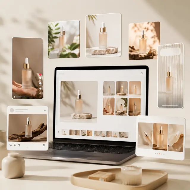 One product photo turned into ad creative across YouTube, Instagram, Facebook and TikTok formats with Shhots AI