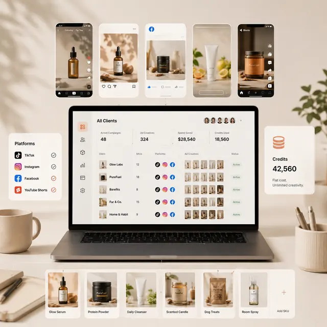 Shhots AI agency dashboard managing ad creative across multiple client brands and platforms on a flat credit cost
