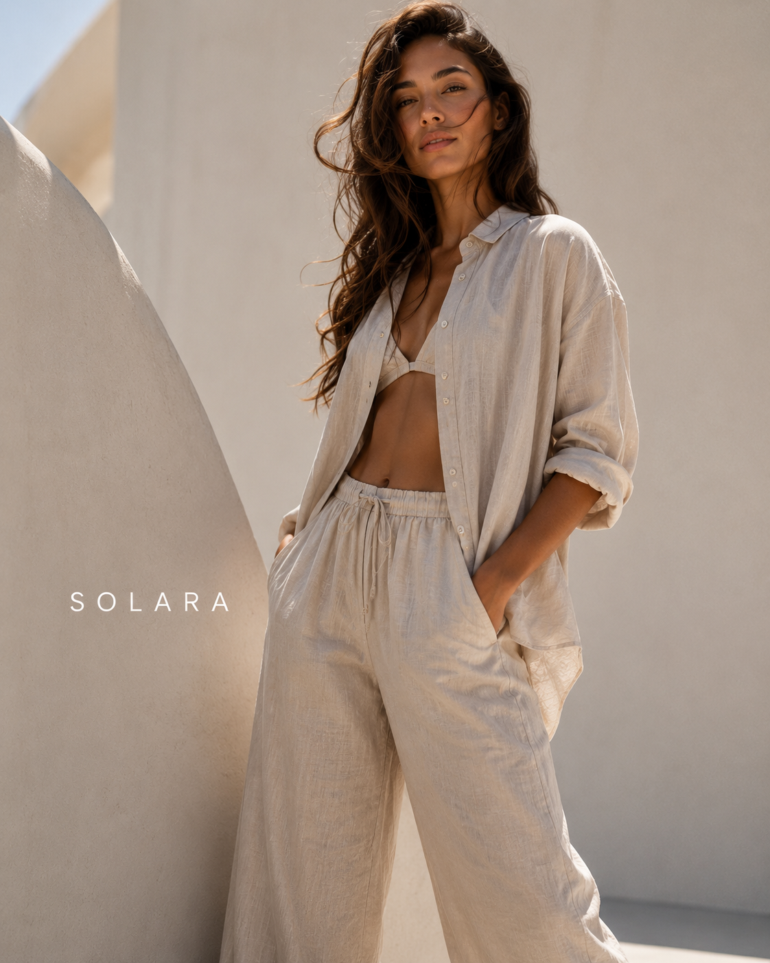 AI-generated Performance Max portrait image asset for a linen fashion brand, created from a product photo with Shhots AI