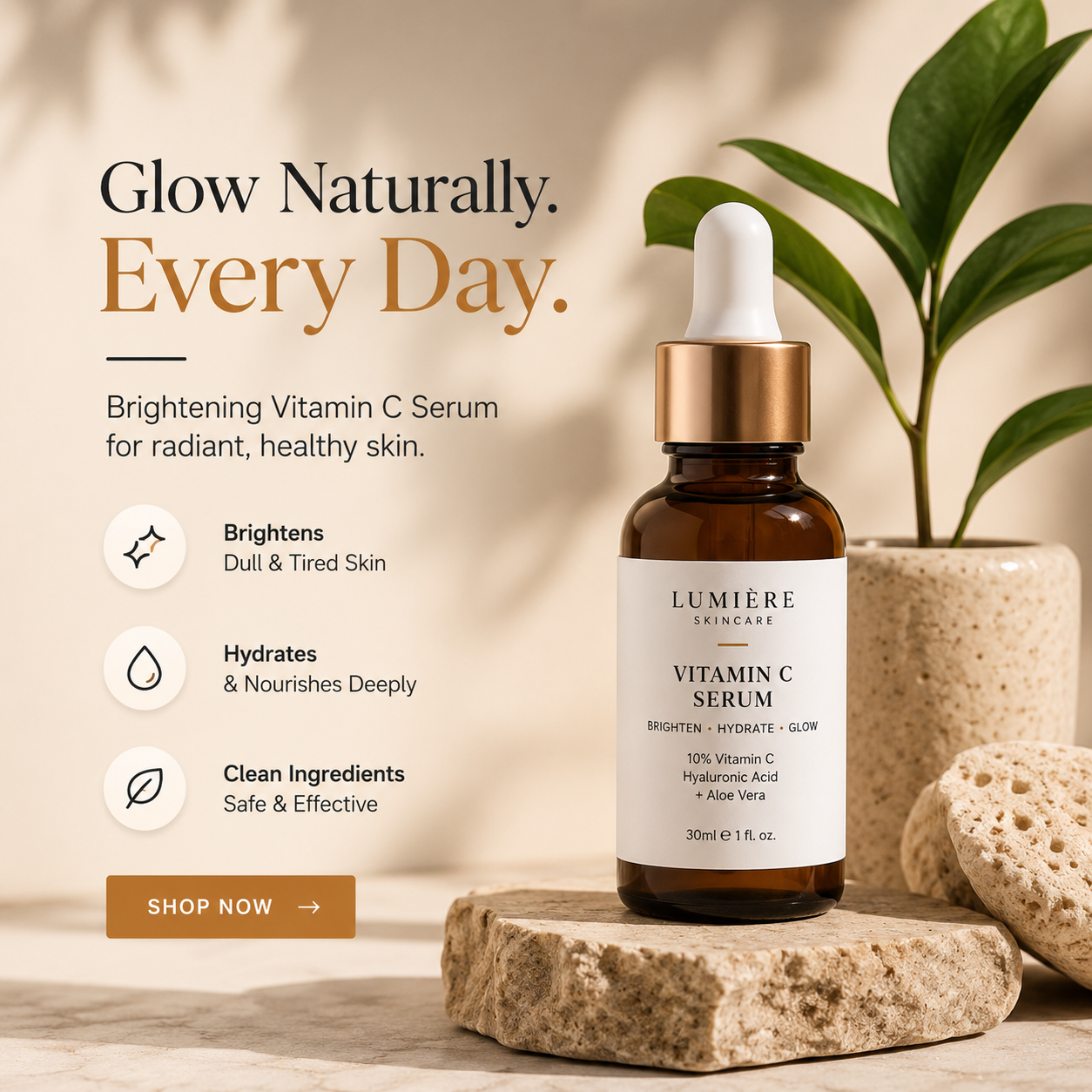 AI-generated square Google Display ad, a skincare product styled in a bright scene, made with Shhots AI