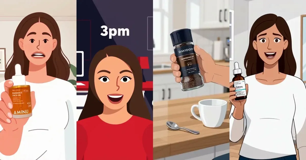 Four AI animated video ads made with Shhots AI, each a 2D illustrated character holding a real product: a radiance face oil dropper bottle, a chilled cola can, a jar of instant espresso and a hair serum bottle