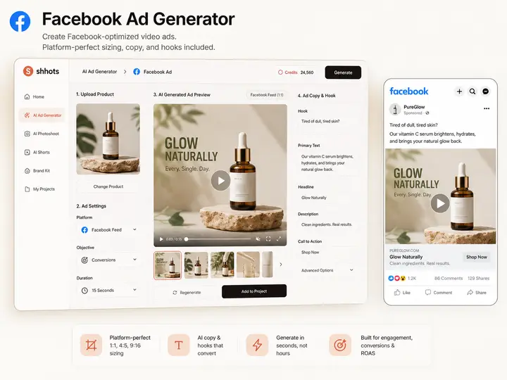 Shhots AI Facebook ad generator interface — a serum product photo uploaded on the left, Facebook Feed and Conversions settings selected, and the finished AI-generated ad previewed as a live Facebook sponsored post with AI-written hook, headline and Shop Now call to action