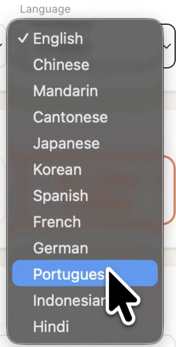 Language dropdown in Shhots AI showing 12 language options for AI UGC ad generation