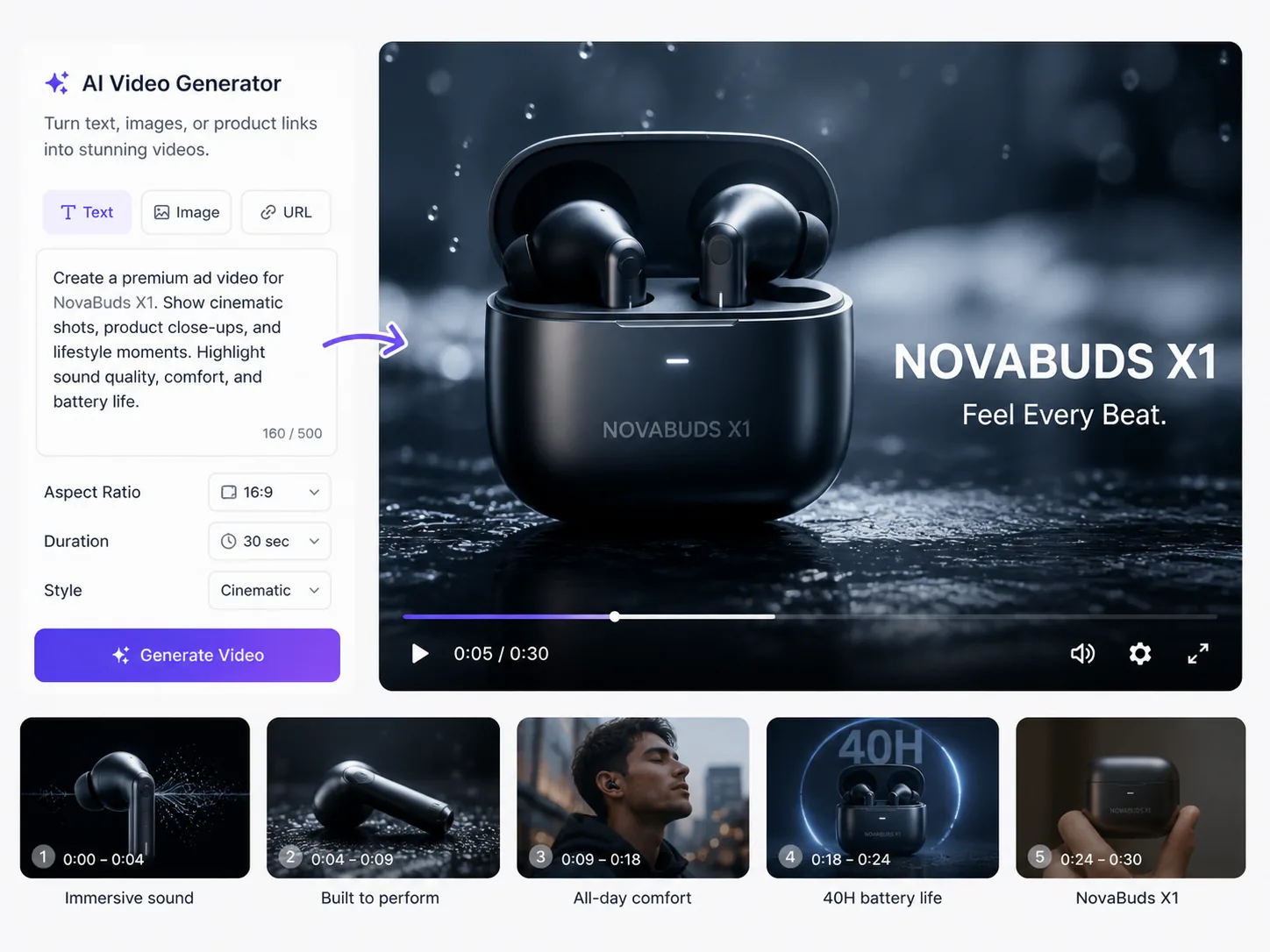 AI video generator — create AI videos from text, image or URL prompts for YouTube shorts, trailers and tutorials