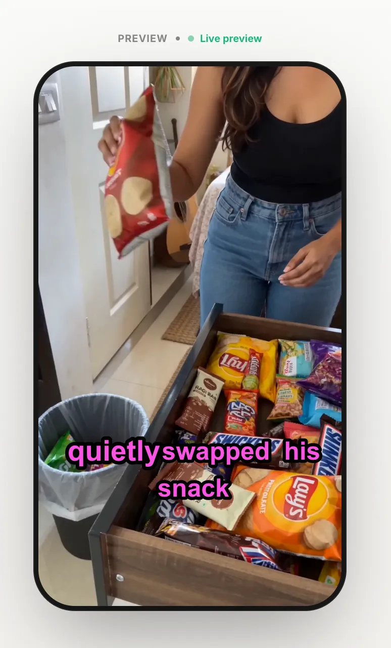 AI auto-caption example in the Bold style — all-caps subtitles with a yellow active-word highlight burned into a vertical social video by Shhots AI.