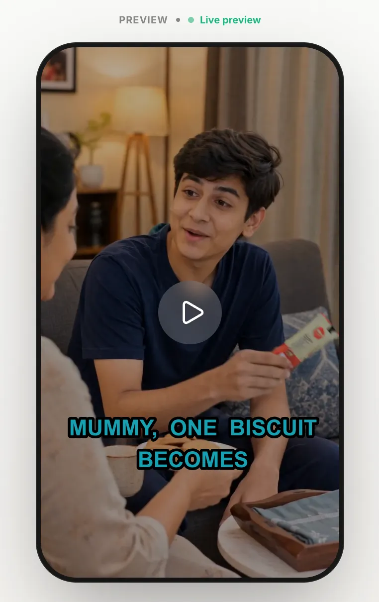 AI auto-caption example in the Hype style — bold yellow captions with a thick black outline stroke on a vertical Reels video by Shhots AI.