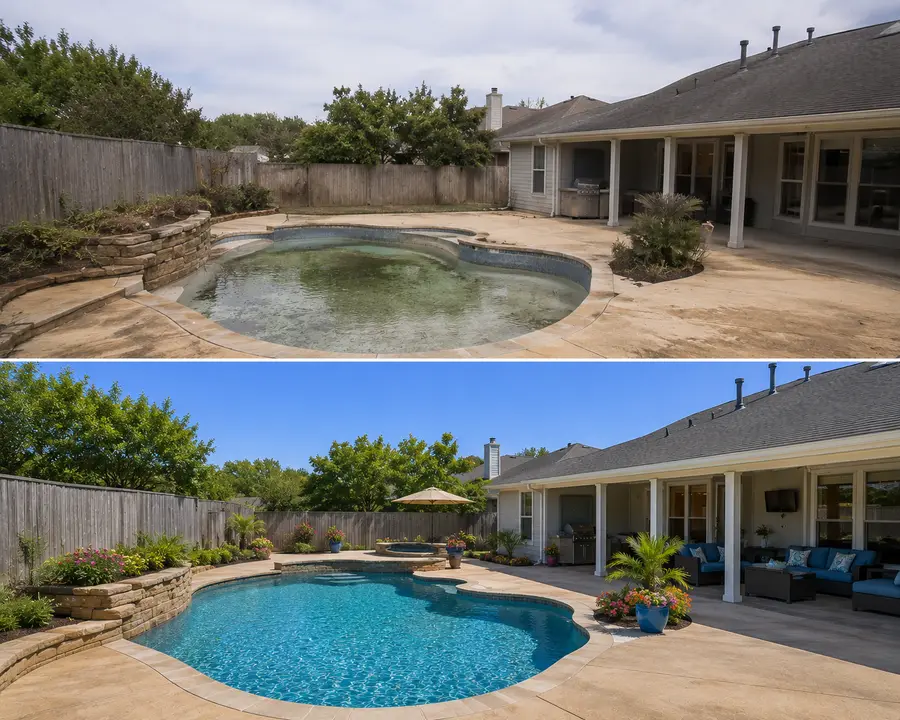 Before and after AI real estate photo editing — backyard listing photo with AI pool water restoration, clear blue water, and freshened landscaping for an MLS-ready outdoor hero shot