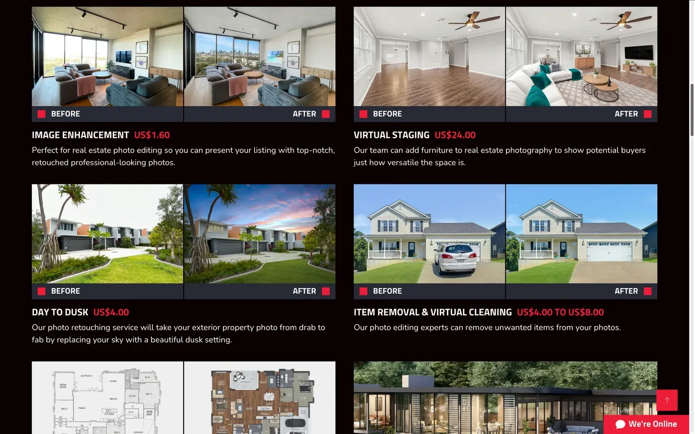 BoxBrownie services page showing before-and-after pairs for image enhancement, virtual staging, day-to-dusk conversion and item removal, with promotional per-image prices of US$1.60, US$24.00, US$4.00 and US$4.00 to US$8.00 displayed under each service