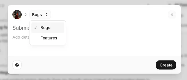 The Shhots AI board showing the option to post either a bug report or a feature request