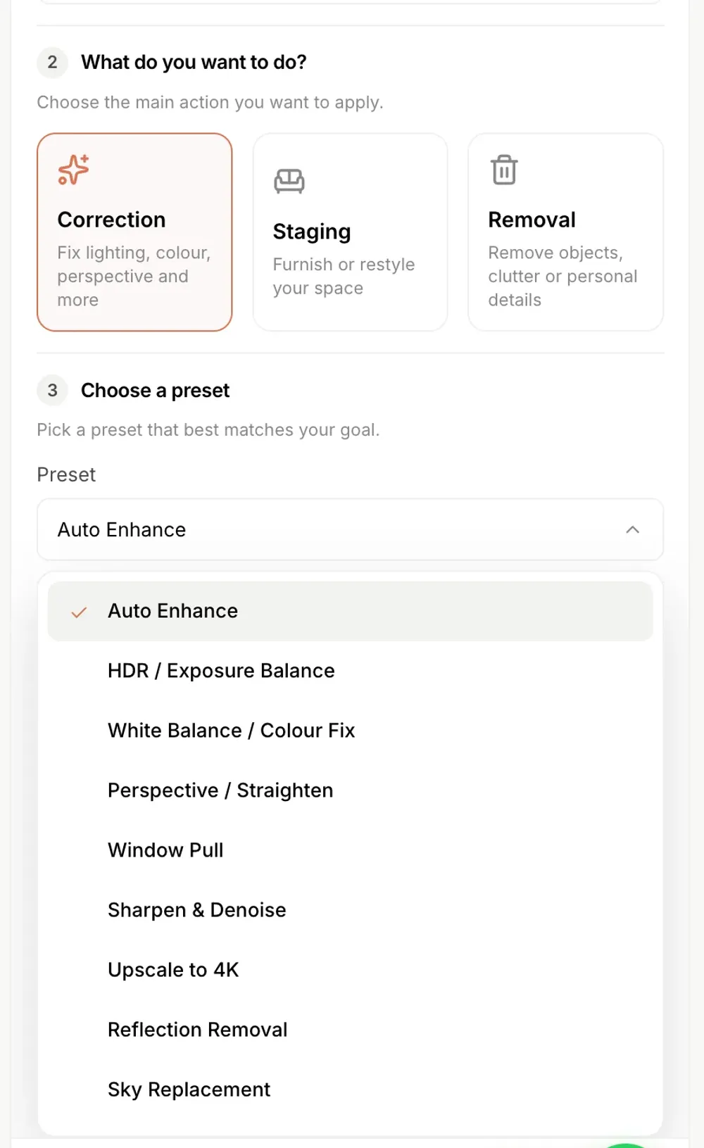 Step 3 of Shhots AI Real Estate Studio, the edit panel with Correction, Staging and Removal actions and the Correction preset dropdown open on Auto Enhance, HDR, White Balance, Perspective, Window Pull, Sharpen and Denoise, Upscale to 4K, Reflection Removal and Sky Replacement