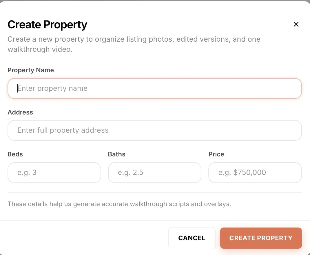 Create Property dialog in Shhots AI Real Estate Studio with fields for property name, full address, beds, baths, and price, above the Create Property button