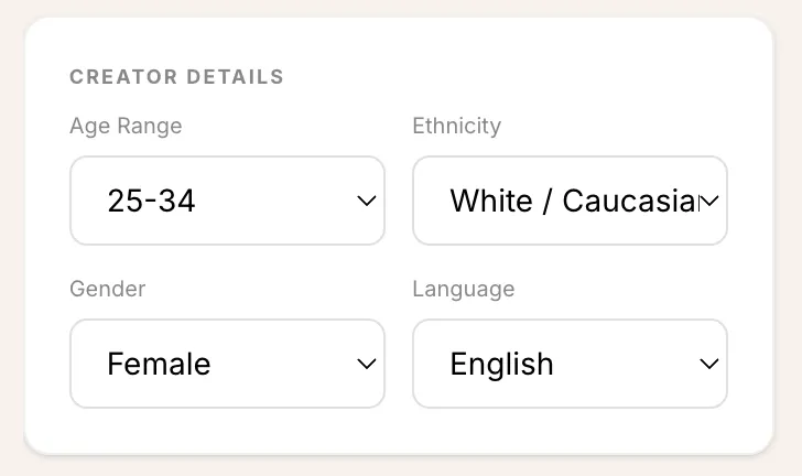 Shhots AI UGC creator details panel with age range, ethnicity, gender, and language dropdowns