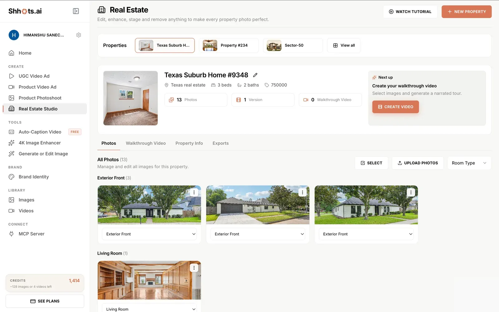 Shhots AI Real Estate Studio dashboard with the Texas Suburb Home property selected, showing 13 uploaded listing photos auto-grouped under Exterior Front and Living Room, plus the Photos, Walkthrough Video, Property Info, and Exports tabs