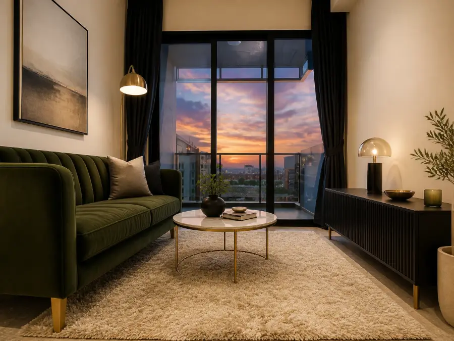 After a combined staging and dusk pass, the same living room restyled with a green velvet sofa and brass lighting while the balcony windows show a sunset sky over the same city view