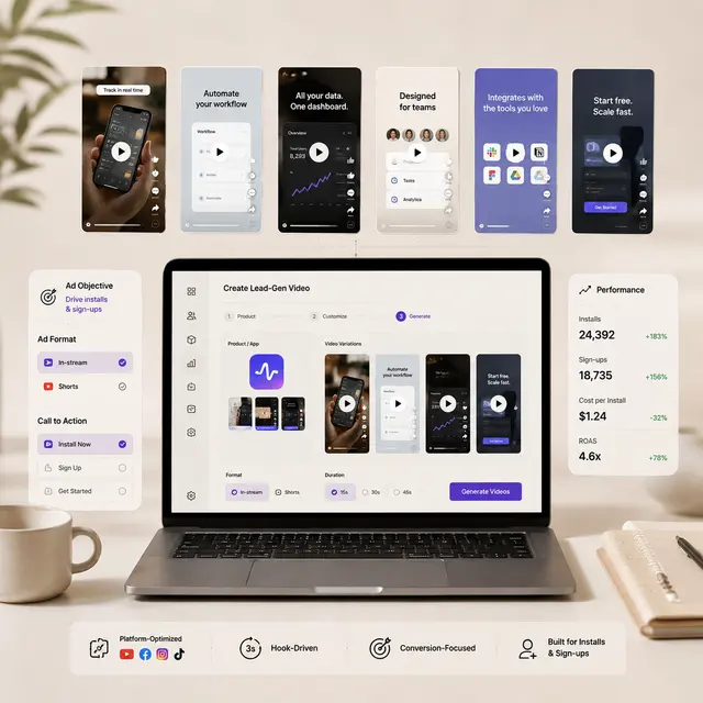 AI-generated YouTube in-stream and Shorts app ads with installs, sign-ups and cost per install tracked in Shhots AI