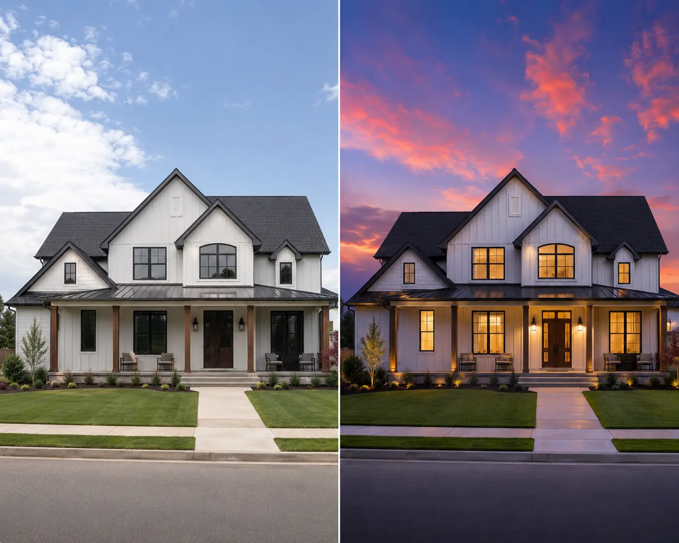Before and after AI day to dusk photo editing, a flat daytime exterior listing photo converted to a warm twilight shot with a dusk sky, glowing windows and lit porch, while the roofline, facade and driveway stay identical