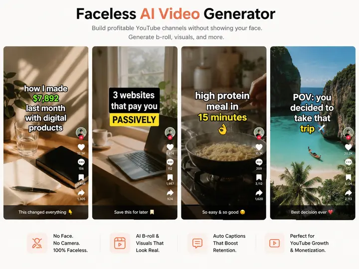 Faceless AI video generator output — four vertical 9:16 faceless short-form videos with bold AI-generated text hooks and auto captions over b-roll, shown with TikTok-style like, comment and share counts, all made without a camera or on-camera presenter