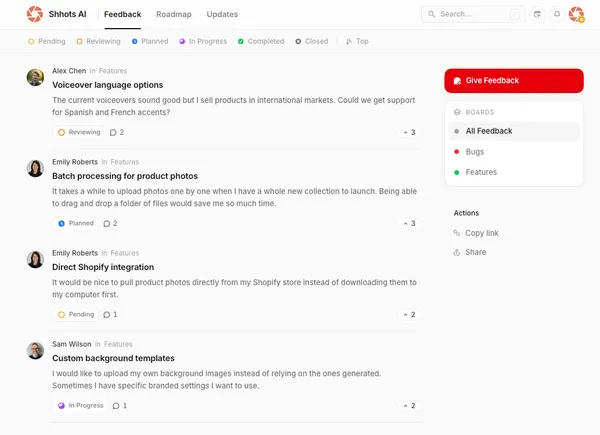 The Shhots AI feature request board where users submit and browse product feedback