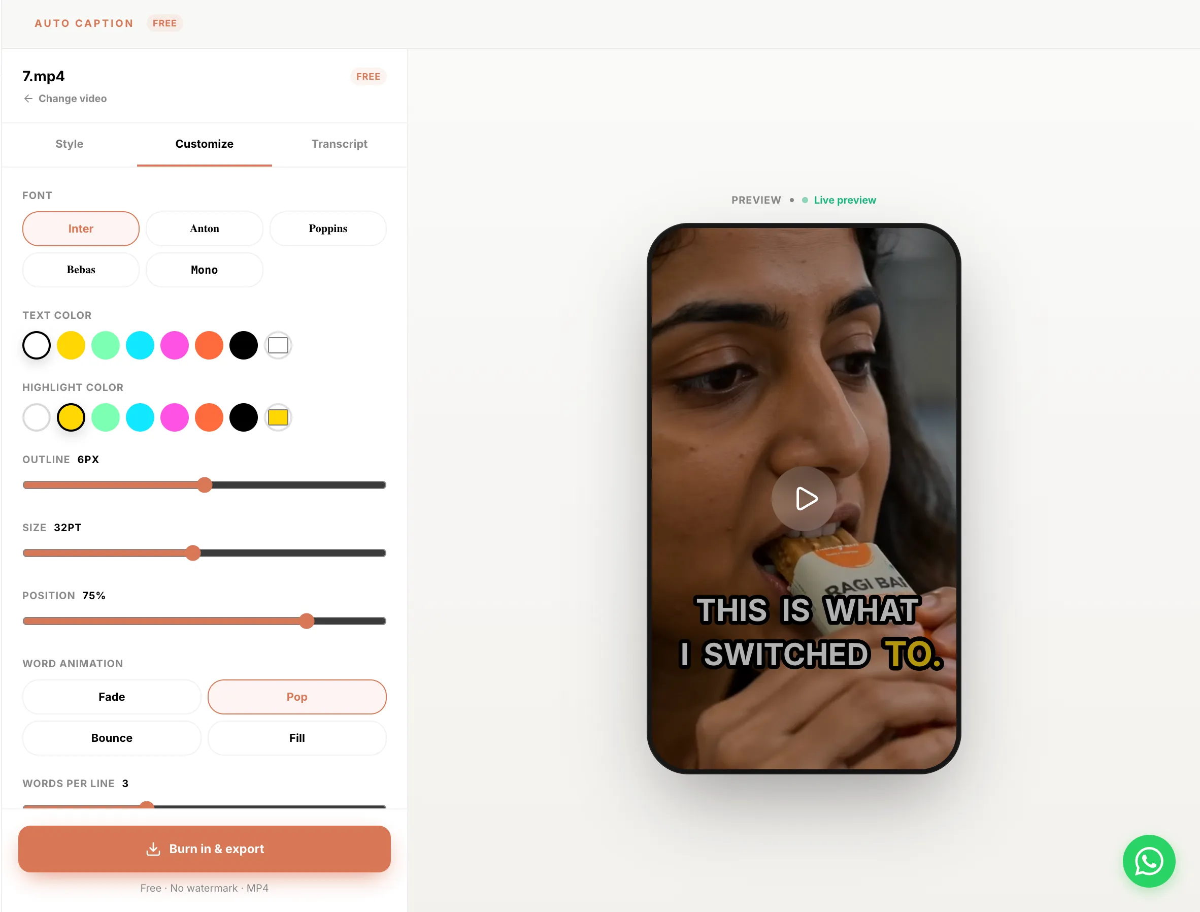 Shhots AI Auto Captions editor showing a vertical video preview with animated word-level captions, caption-style presets, font, colour, outline and position controls, and an editable transcript panel.