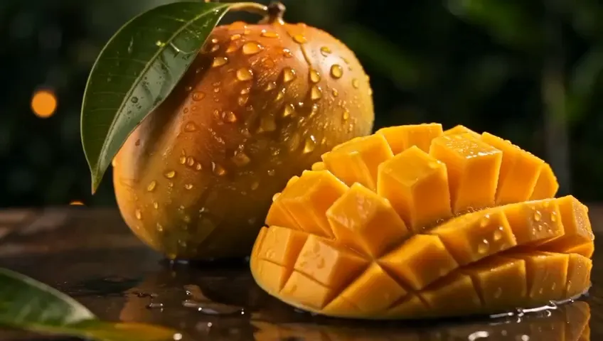 Cinematic AI product ad frame: a ripe mango and cubed mango slices with water droplets on a dark wooden table, generated by Shhots AI