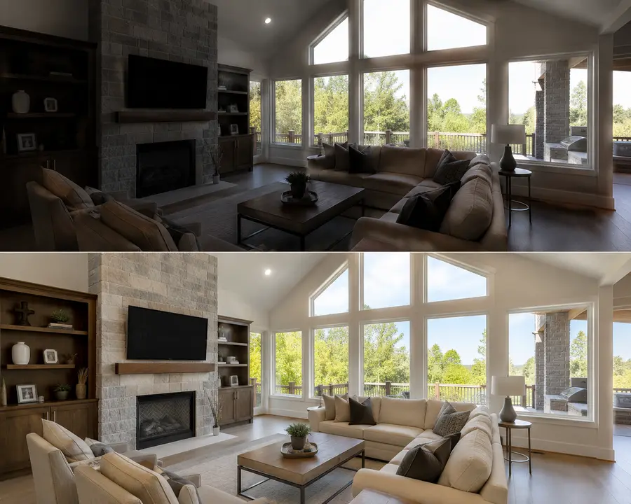 Before and after AI real estate photo editing — interior listing photo with AI HDR exposure balancing, lifted shadows and recovered window highlights from a single exposure