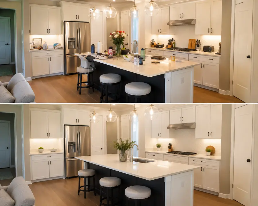 Before and after AI real estate photo editing — kitchen listing photo with AI clutter removal, cleared countertops and reconstructed background for MLS-ready presentation