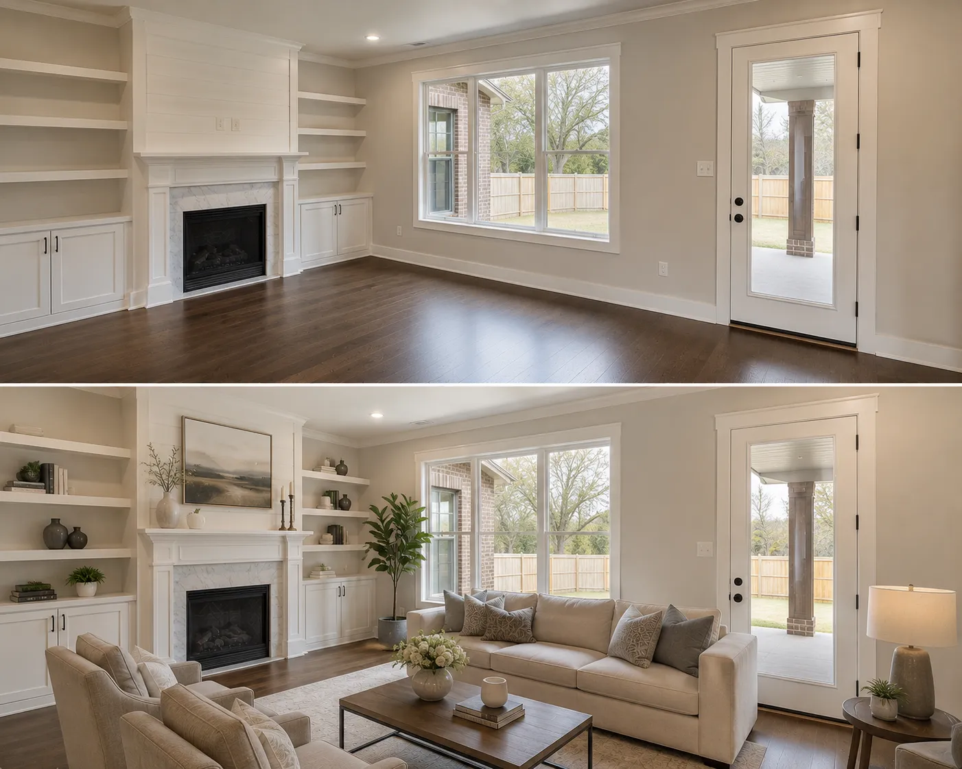 Virtual staging before and after of an empty living room furnished with modern furniture, matched lighting and natural shadows for a sold-ready listing