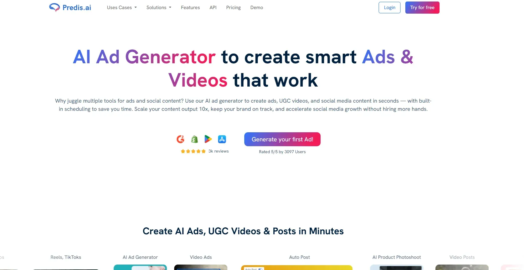 Predis AI dashboard generating social media ads, reels, and captions with built-in scheduling and competitor analytics