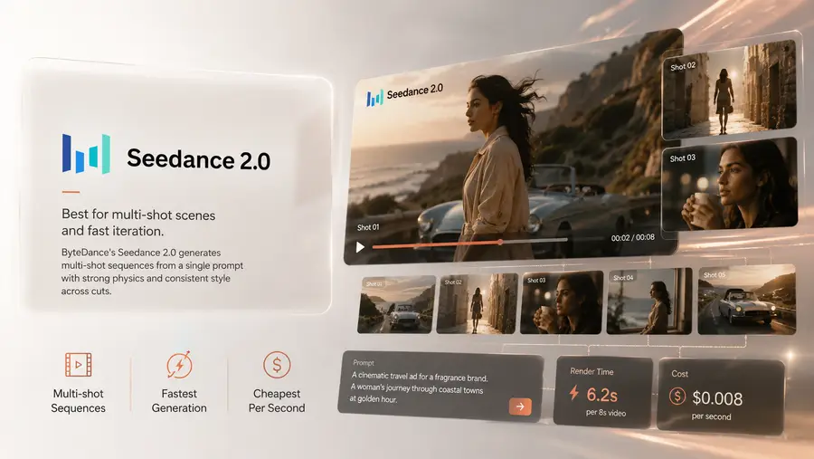 Seedance 2.0 on Shhots AI — ByteDance's multi-shot AI video model rendering product motion reels at the fastest inference speed in the stack