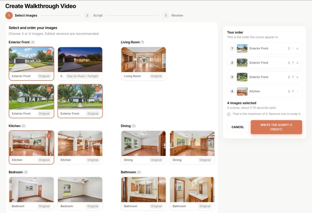 Selecting four listing photos for a Shhots AI walkthrough video across Exterior Front, Living Room, Kitchen, Dining, Bedroom and Bathroom groups, with a numbered drag-and-drop tour order panel on the right