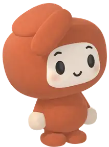 Shhots AI mascot: a 3D character in a terracotta hooded suit breaking into a wide, closed-eye grin