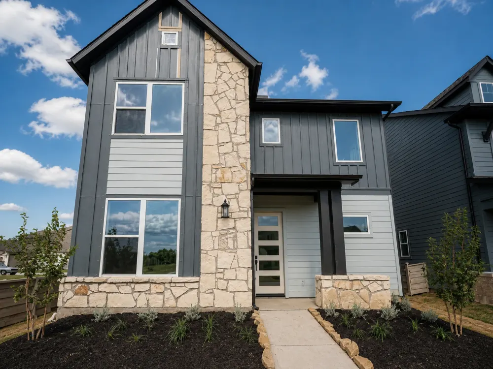 Input: a daytime exterior photo of a two-storey house with stone and grey siding under a blue sky