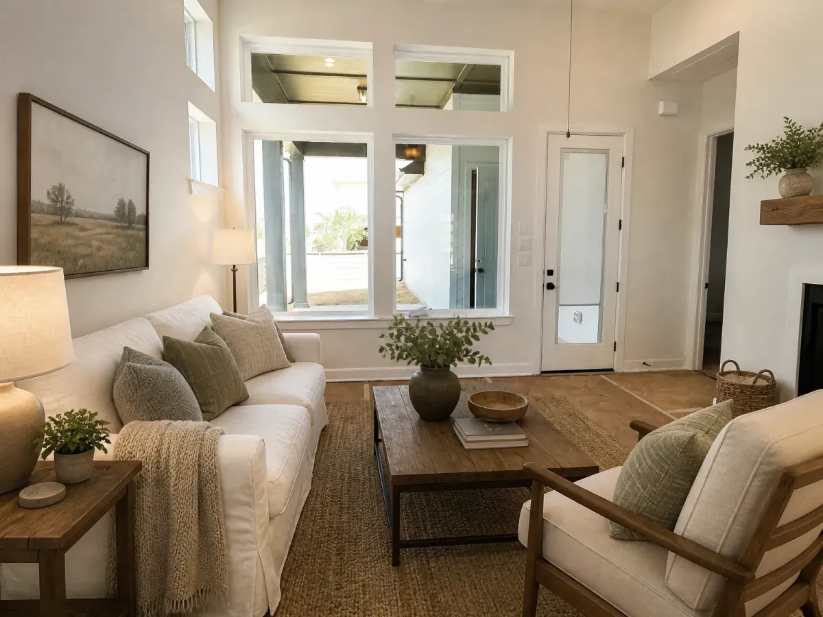 The same new-construction living room after AI virtual staging, furnished with a cream sofa, jute rug, reclaimed-wood coffee table, armchair and framed landscape art, while the windows, door, fireplace and the brown protective floor covering behind the rug stay exactly as photographed