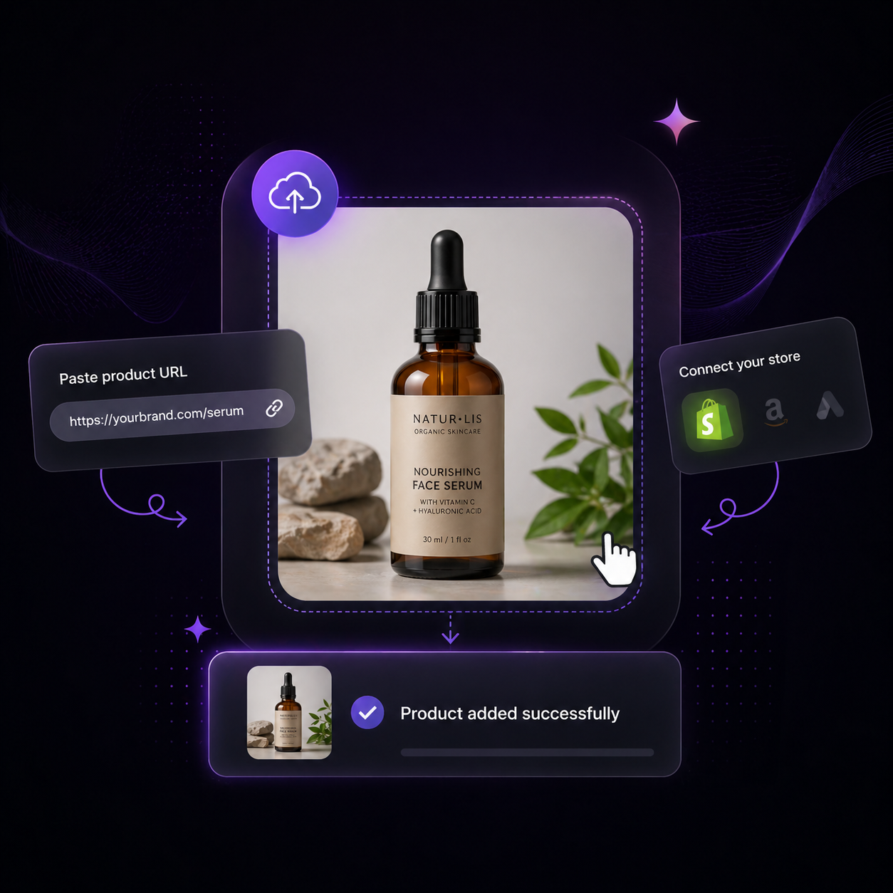 Upload a product photo or paste a Shopify product URL into the Shhots AI ad generator dashboard.