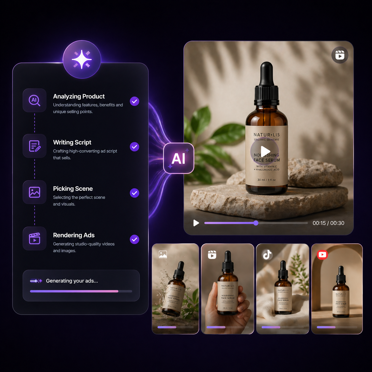 Shhots AI generating studio-quality video and image ad creatives from a single product photo automatically.