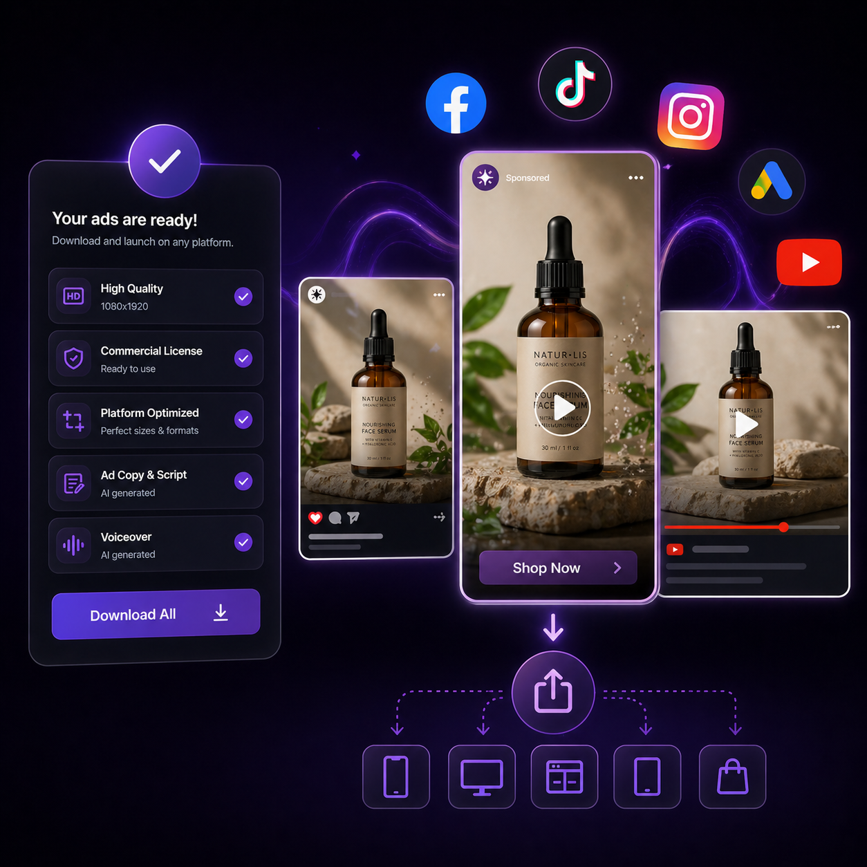Download commercial-licensed AI generated ads sized for Facebook, Instagram, TikTok, YouTube, and Google.