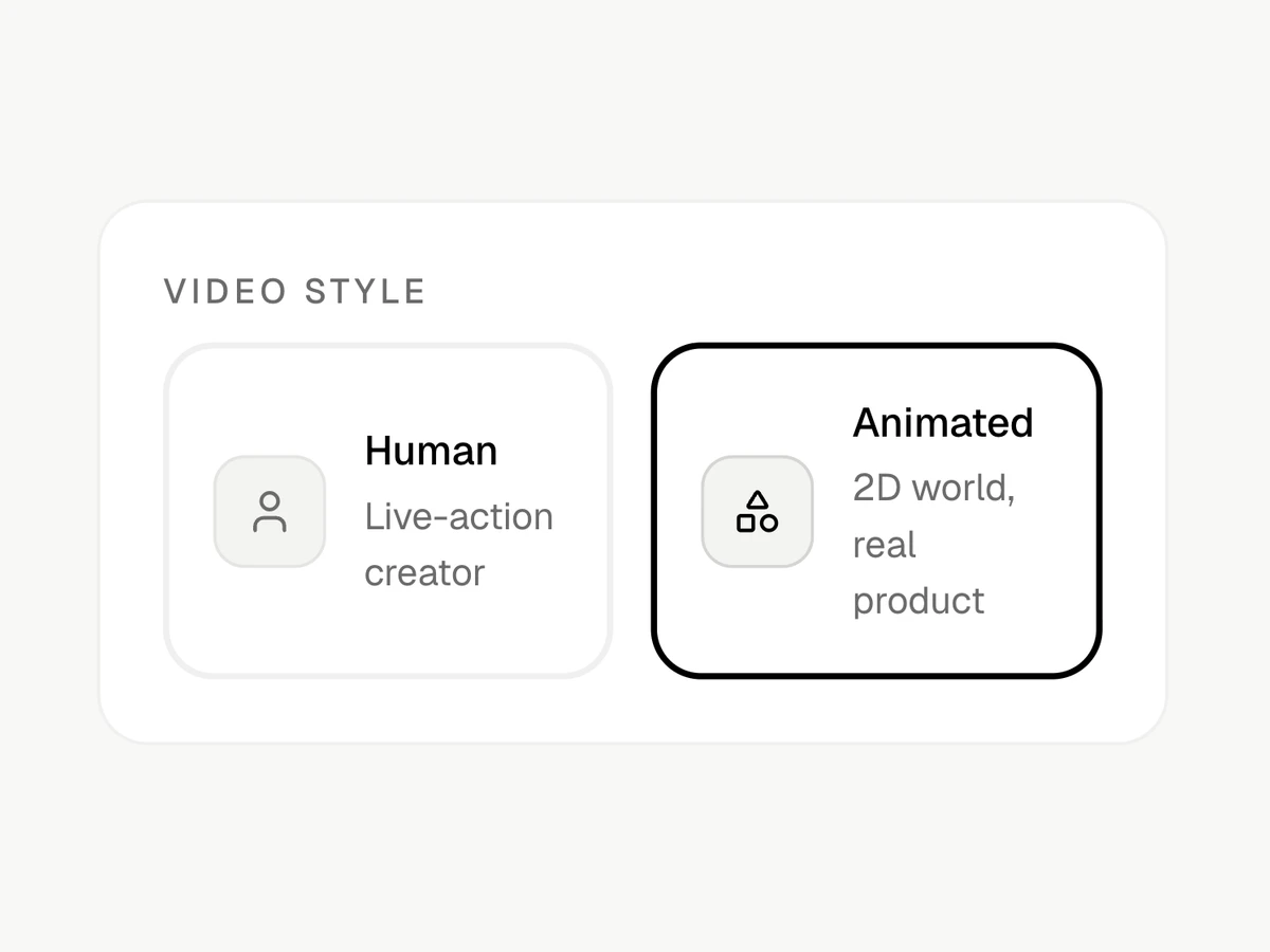 The Video style step in the Shhots AI UGC ad generator, showing two cards side by side: Human, described as live-action creator, and Animated, described as 2D world real product, with Animated selected.