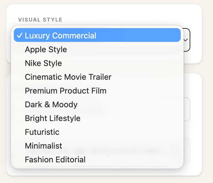 Shhots AI cinematic ad visual style selector listing all ten presets from Luxury Commercial to Fashion Editorial