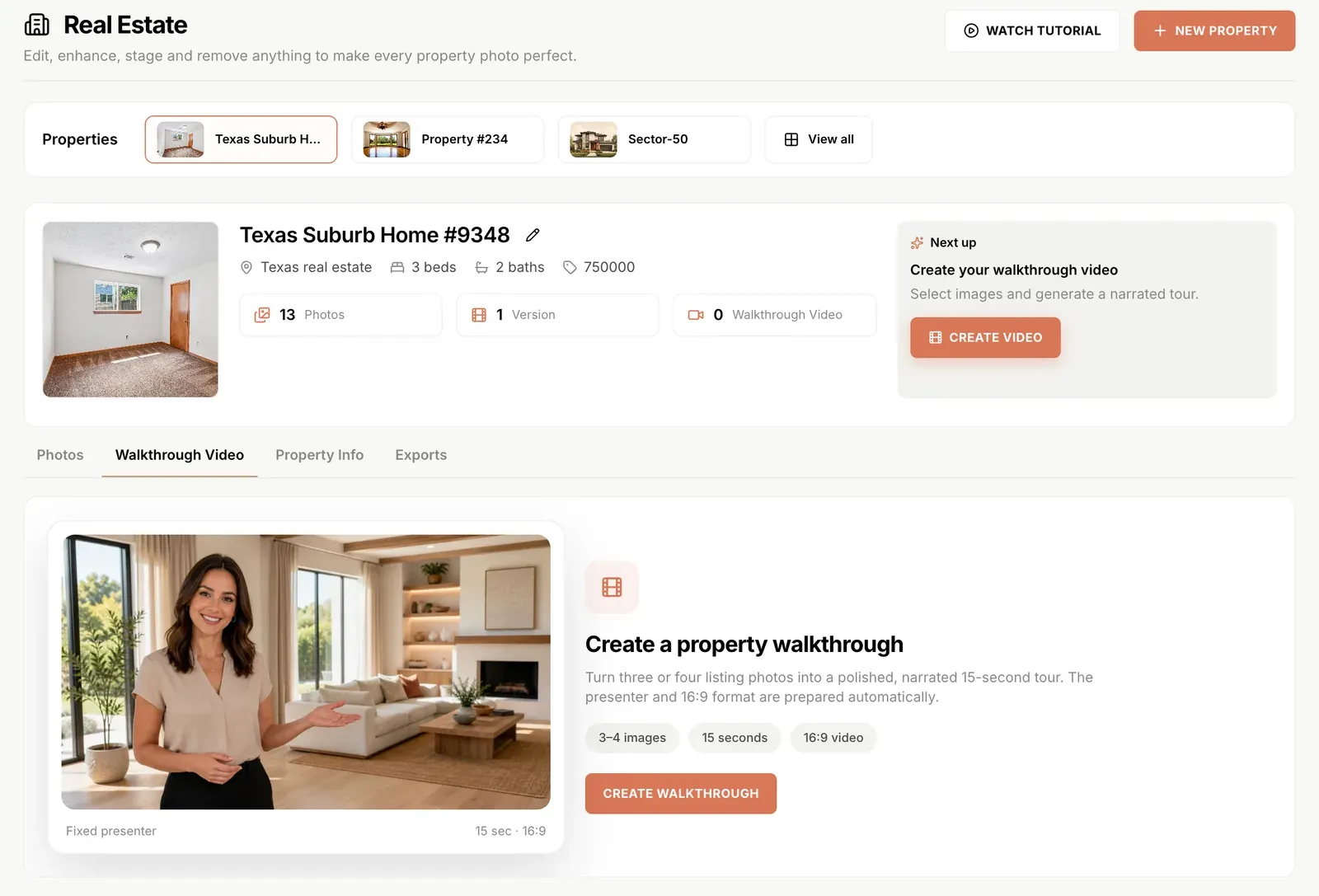 Walkthrough Video tab in Shhots AI Real Estate Studio showing the Create a property walkthrough panel with an AI presenter standing in a staged living room, labelled 3-4 images, 15 seconds, 16:9 video