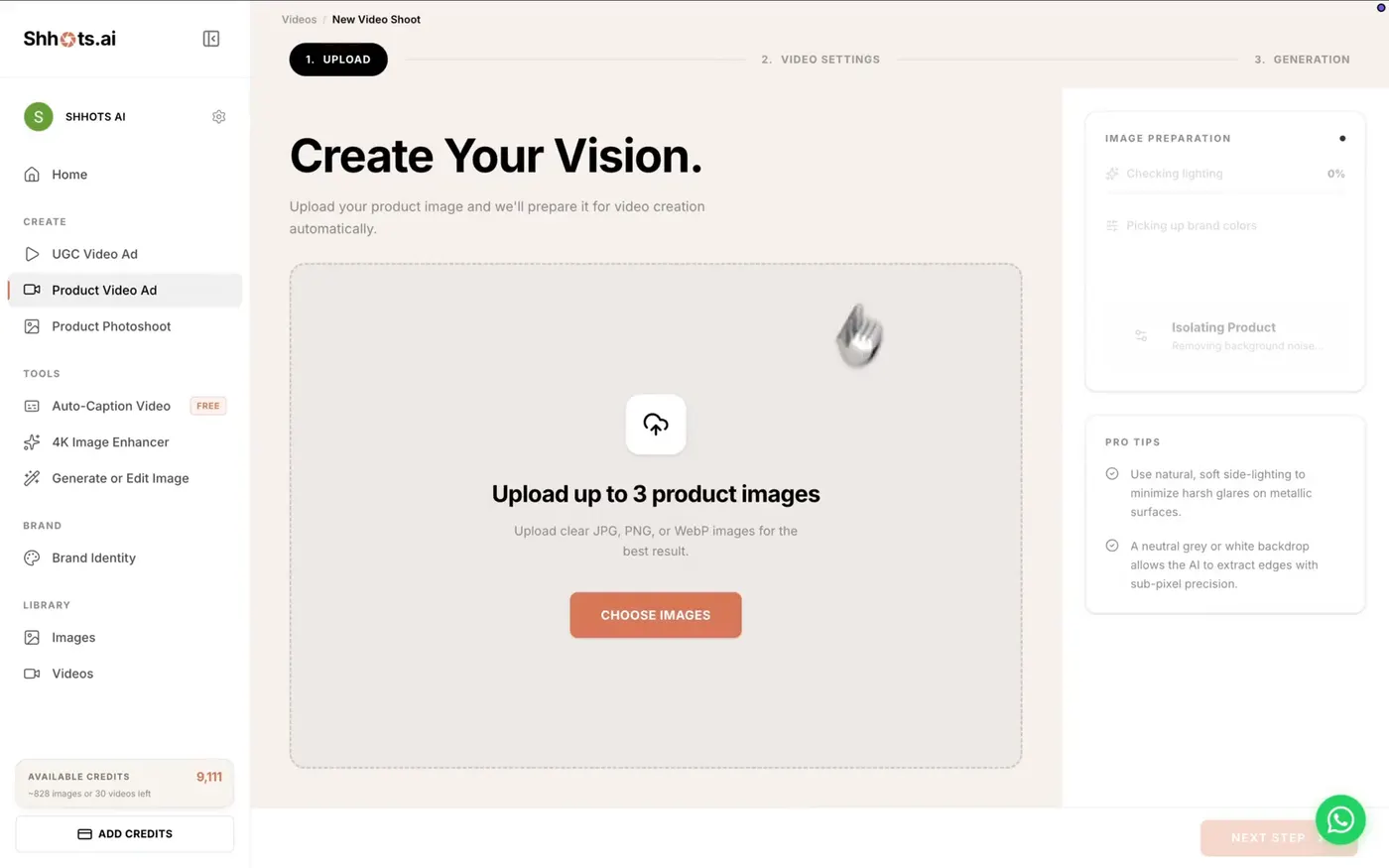 Shhots AI dashboard: the Product Video Ad upload step with a product image being prepared for video generation